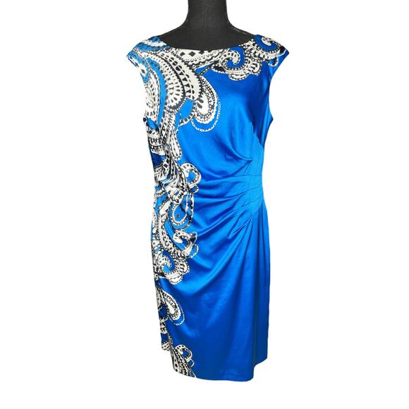 Lauren Ralph Lauren Sheath Dress Size 12 Blue Ruched Paisley Sleeveless Cocktail - Picture 1 of 7